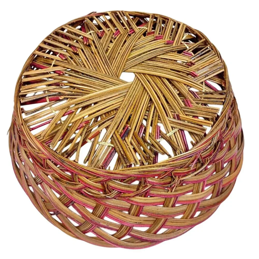 Vintage Hand Woven Wicker Reed Round Basket 13